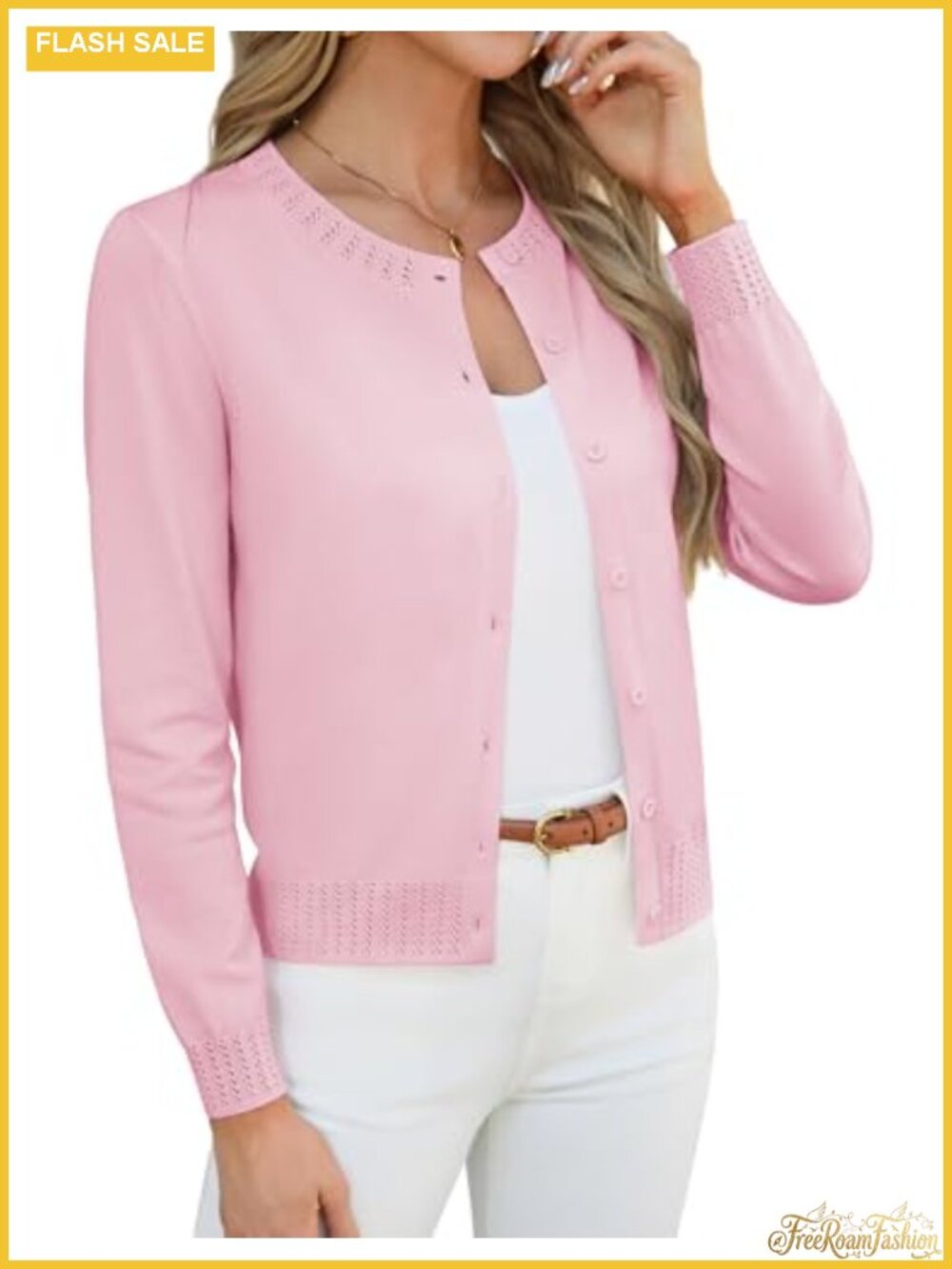 Womens Cropped Button Up Cardigan Lightweight Knit Shrug Long Sleeve